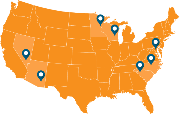 A map of the united states with some locations marked.