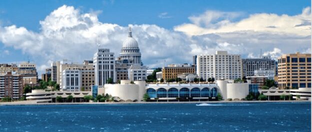 A city with many buildings and water