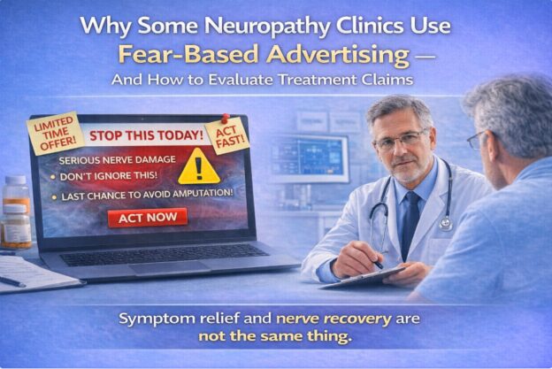 Doctor consulting patient beside fear-based ad on laptop