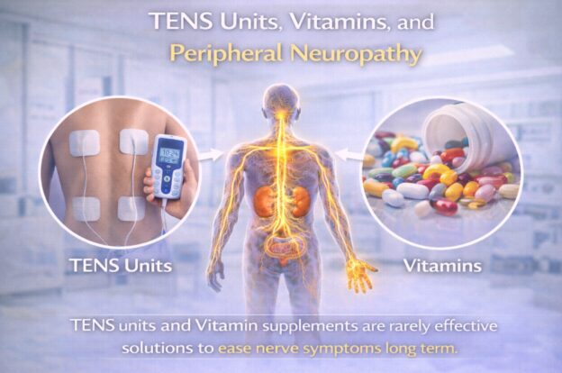 Peripheral neuropathy illustration showing TENS and vitamins